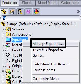 To add further equations, or to modify existing ones, pick Equations from the Tools drop-down menu or alternatively right-click Equations in Feature Manager and pick Manage Equations.