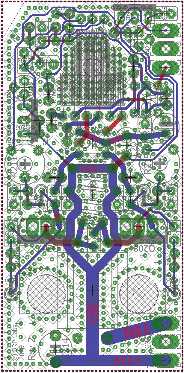 3.2 Trace diagram and parts layout Red = Top side; Blue = bottom side; Green = pads and vias. There are only two layers (nothing is hidden in the middle).
