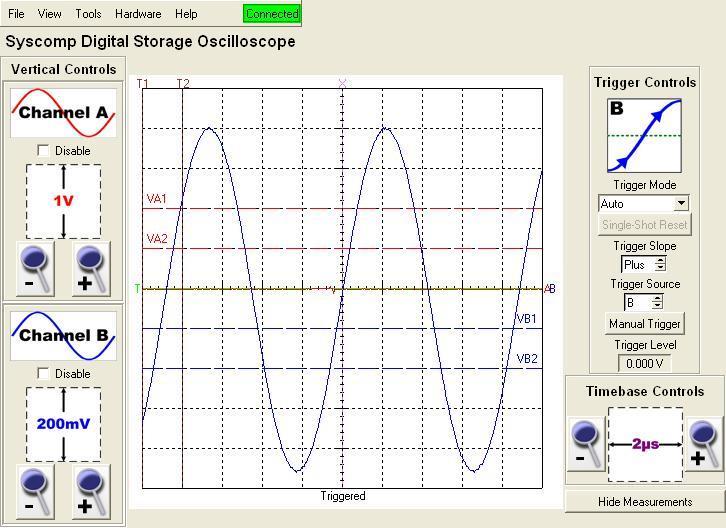 Figure 2-7: The oscilloscope used in the IT program, consisting of the Vertical Controls (vertical amplifier section), the screen, the Trigger Controls (trigger section), and the Timebase Controls