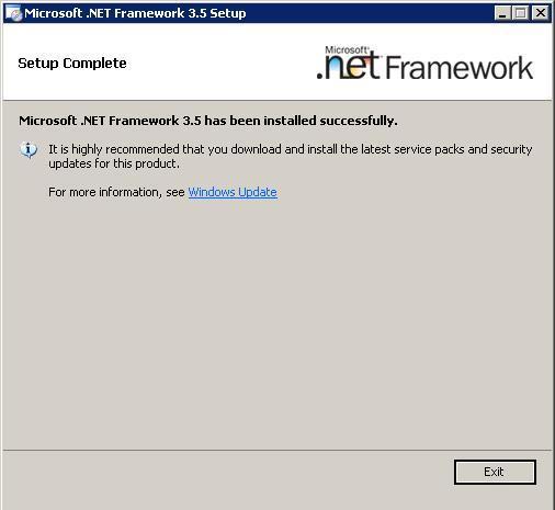 4. Microsoft.Net Framework 3.5 a fost instalat cu succes. Apasă butonul Exit. 5.