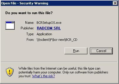 instalare BCRSetupOS.exe. În funcţie de sistemul de operare folosit se poate afişa un mesaj de securitate (vezi imaginea următoare). 2.