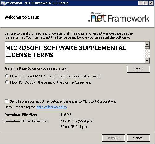 sau orice altă versiune mai nouă se lansează automat o fereastră de instalare pentru Microsoft.Net Framework 3.5.