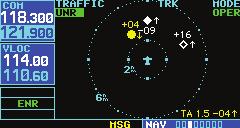 The selected altitude display mode (Figure 12-24) is displayed in the upper left-hand corner of the Traffic Page.