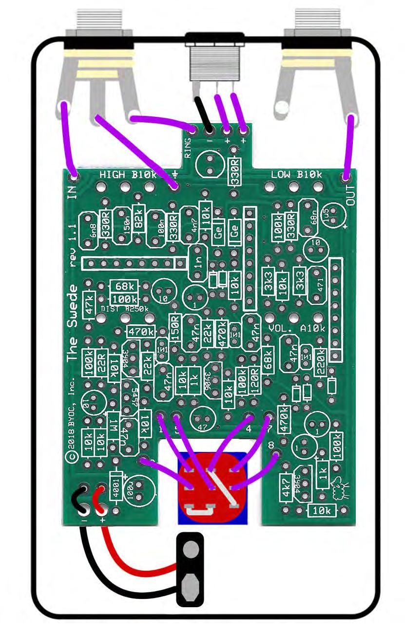 Step 5: Connect the wires at the top end of the PCB to the IN and OUT jacks. The out eyelet will go to the tip of the OUT jack and the in eyelet will go to the tip of the IN jack (refer to page 22).