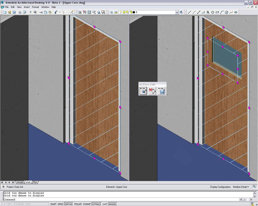 What s New In Architectural Desktop 2004? Edit In-Place allows you to make design changes quickly and easily 1. Now select the door so that it highlights. 2. Right-click on the door to access: Edit Profile In Place.