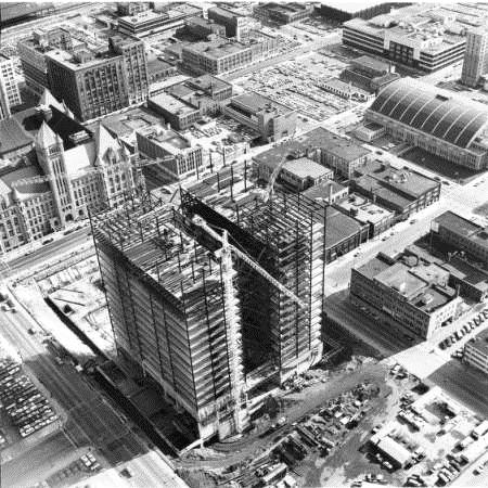 Aerial view of Hennepin County Government Center, Minneapolis, under construction.