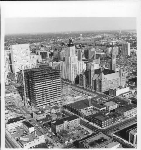 Aerial view of Hennepin County Government Center under construction.