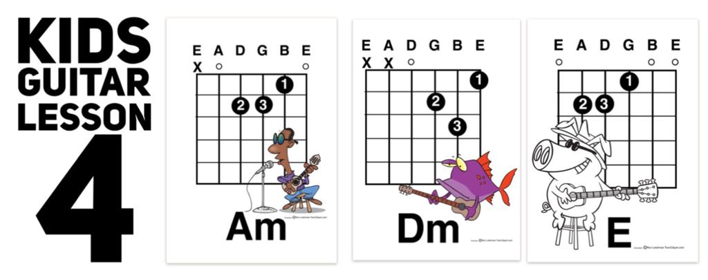 Lesson Plan Make sure the guitar is in tune Check progress from the previous lesson Introduce the Am chord shape Introduce Dm shape Introduce E chord shape Ask child (or children) to move between the