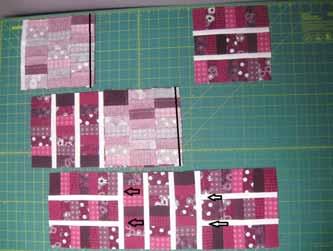 Then place the third block in each row onto the now sewn together first and second block with right sides