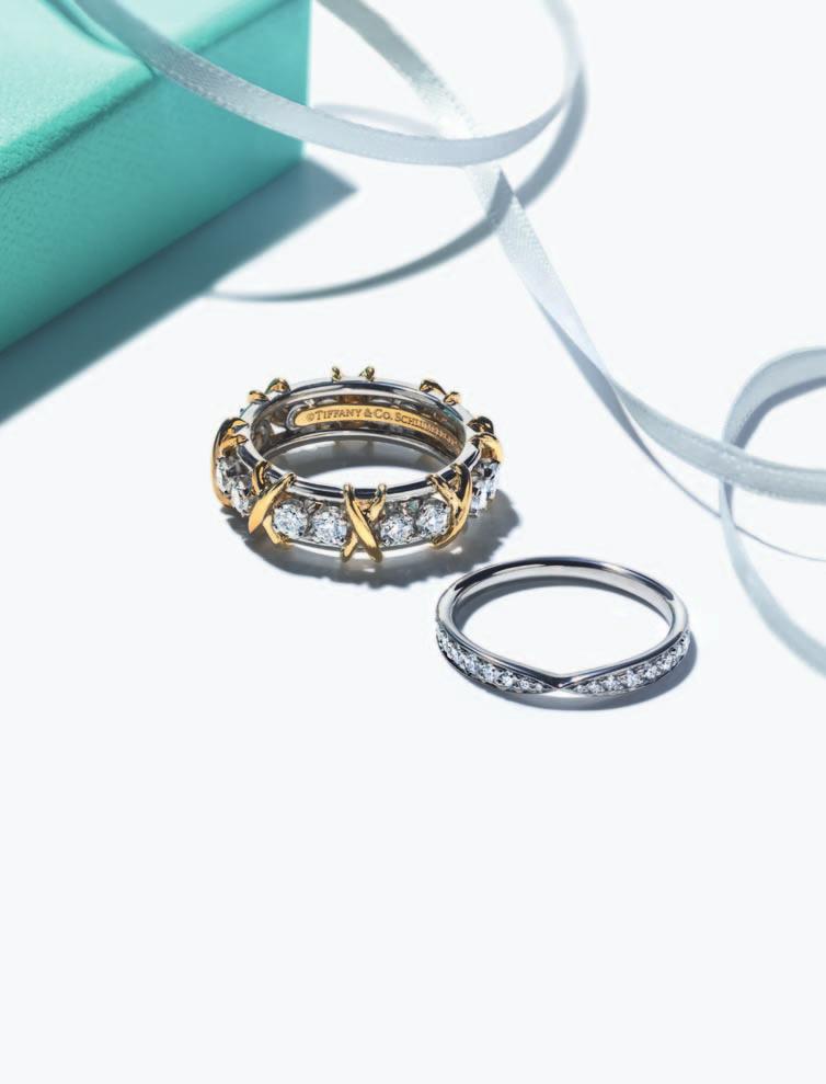 BAND RINGS WITH DIAMONDS IN PLATINUM AND 18K YELLOW AND ROSE GOLD, COUNTER- CLOCKWISE FROM TOP: TIFFANY JAZZ, TIFFANY SOLESTE,
