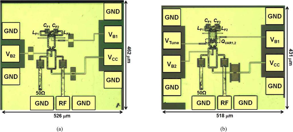 3060 IEEE TRANSACTIONS ON MICROWAVE THEORY AND TECHNIQUES, VOL. 62, NO. 12, DECEMBER 2014 Fig. 10. Die phototograph of the fabricated circuits. (a) OSC1. (b) OSC2. Fig. 11.