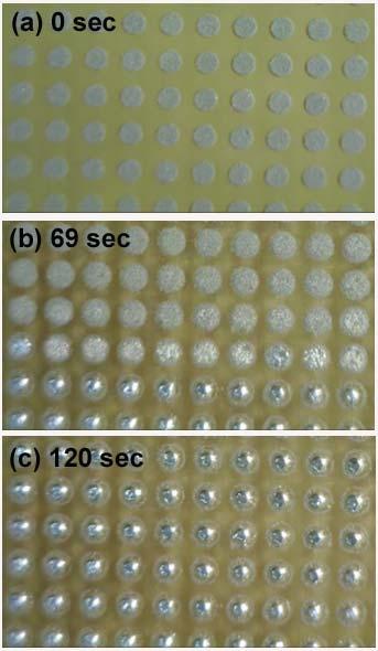 3(b) shows the solder paste with another epoxy flux without designed-in compatibility. Significant interference with the solder paste coalescence is reflected by poor wetting and many solder balls.