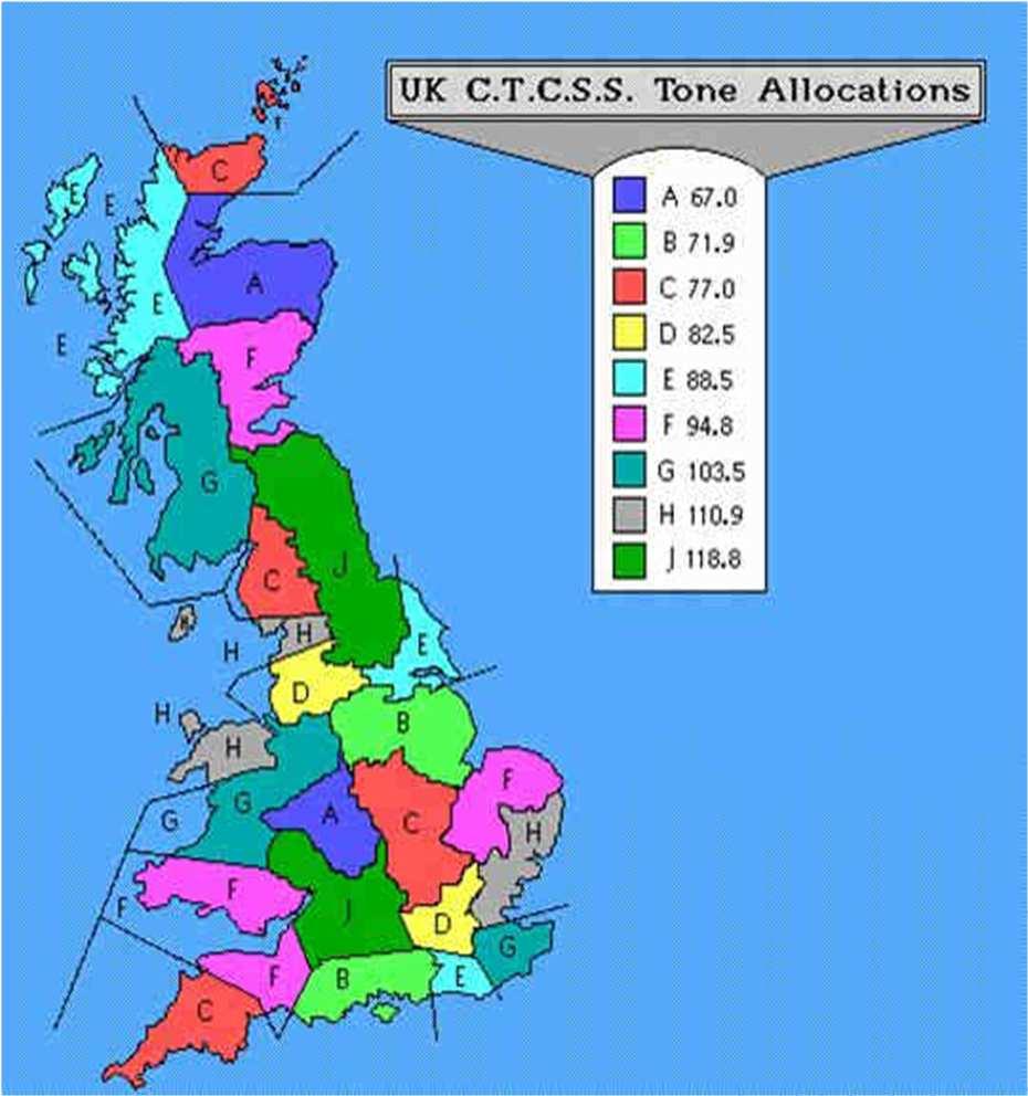 CTCSS Frequency Map Areas in the UK nominally have a CTCSS Tone allocated Usually adjacent county amalgamations Tone A = 67.0Hz Tone B = 71.9Hz Tone C = 77.0Hz (Bucks/Beds/Northants) Tone D = 82.