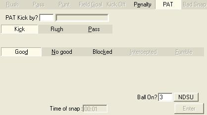 Entering PAT Plays After a touchdown play occurs, the DakStats Football program automatically changes to the PAT tab (Figure 23). Figure 23: Entering a Point After Touchdown Play 1.