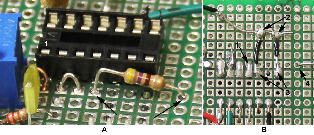marked with yellow arrows). 36. Turn the board over. Bend the capacitor wire closest to the socket over to touch the soldering Figure 13 of pin 1 of the IC1 socket.