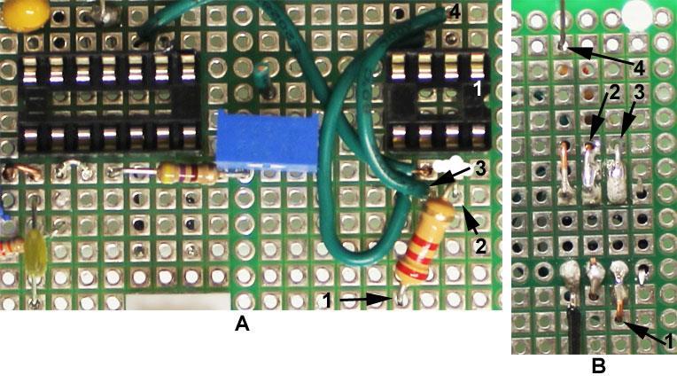16 49. Turn the board over. Bend the ends of the green wires over to touch their respective pins of IC3, trim excess and solder to pins (Figure 16B, arrows 3, 4 and 5). 50.