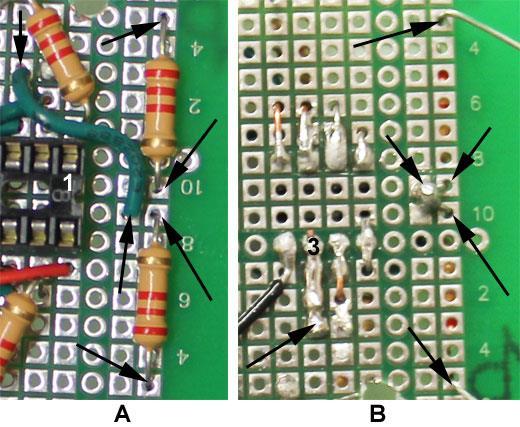 19 59. Insert R2 (2.2 kω) and R3 (2.2 kω) into the board as seen in Figure 20A (the two resistors on the right side of the photo). 60. Prepare a green 22 gauge solid wire as seen in Figure 20A.