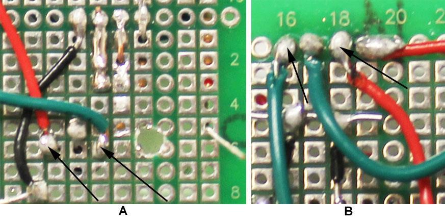 Then solder the connection (black arrow in Figure 21B). Figure 21 65. Prepare a green 22 gauge solid wire to connect from the 4 pin header to the output of Q2.