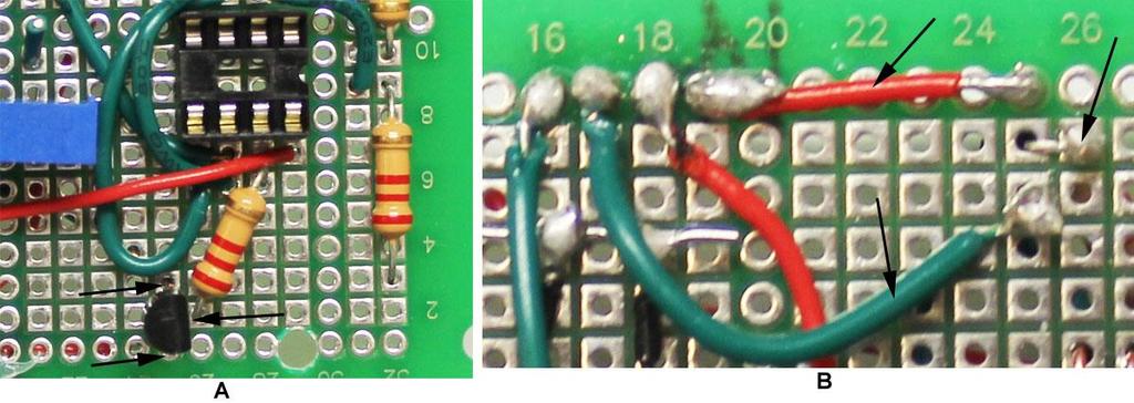 21 69. Insert transistor Q1 into the board as seen in Figure 23A. This transistor has an orientation requirement. The flat face should be pointing to the right as seen in Figure 23A.