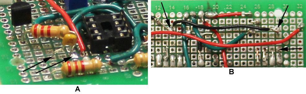 25 82. Insert capacitor C7 into board as seen in Figure 27A (black arrows). It should be in the same column of holes as pin 8 of socket for IC3. 83. Turn board over.