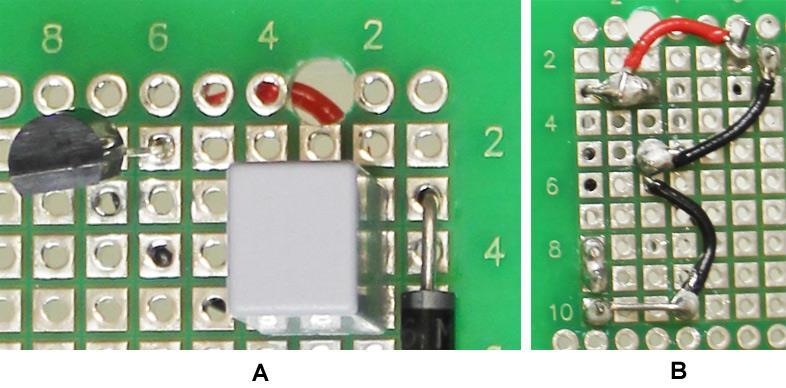 5 7. Take a look at Figure 2D. Prepare a black 22 gauge solid wire as seen in the photo. Use this wire to connect from the negative power bus to the free pin of capacitor C1.