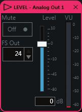 Output Level: LEVEL: Output Level Control Output Level Settings: Mute: ON/OFF, output mute enable/disable FS Out: 0, 6, 12, 18, or 24 db, analog output gain Level: -80 to +10 db, output level VU: -60