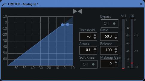Dynamics: COMP: Compressor Compressor Settings: Bypass: On/Off, compressor enable/ disable Threshold: -60 to 0 db, compression threshold Ratio: 1.0:1 to 50.0:1, compression ratio Attack: 0.1 to 500.