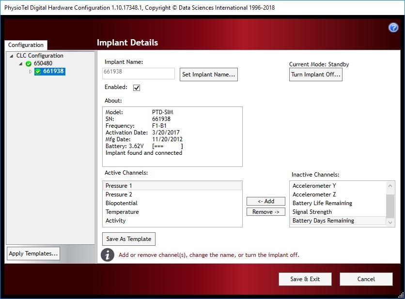 k. Select the serial number associated with the PTD-SIM from the list view on the left to access the Implant Details dialog screen as shown below. CHOOSE DEVICE TO SIMULATE. i.