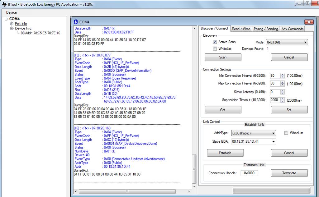 Figure 11 Texas Instruments BTool application BTool uses GATT_DiscCharsByUUID