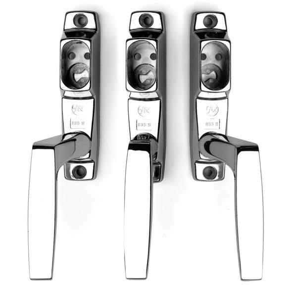 Security handle for windows and glazed doors, Fix 8350S 8350S approved according to SS 3620 classification B. available in straight, right and left versions.