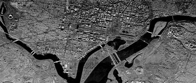 Figure 2. SAR Image of Washington, DC at 1-m Resolution, Ku Band uses an amplitude-monopulse measurement to aid in unwrapping the phase ambiguities.