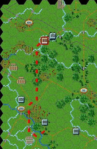 If you survive and posses sufficient movement points to do so, try moving your helicopter unit, hex by hex northwest as shown.
