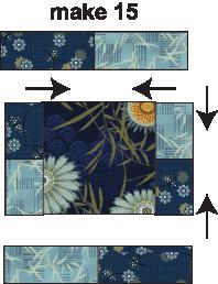 Sew one 2 1/2 x 5 1/2 Fabric E strip to one 2 1/2 x 5 1/2 Fabric F strip, short end to short end, to create one top/bottom border strip (Fig. 2).