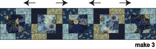 Sew one 2 1/2 x 3 1/2 Fabric C strip to one 2 1/2 x 3 1/2 Fabric D strip, short end to short end, to create one side border (Fig. 4).