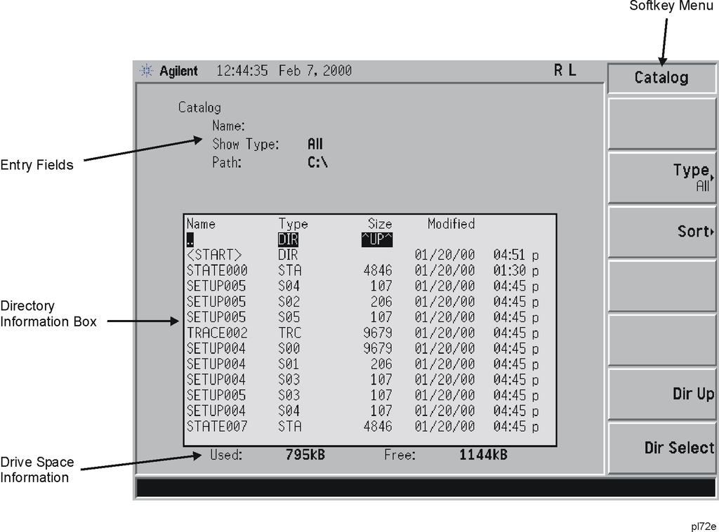 Viewing Catalogs and Saving Files File Menu Functions Press File, Catalog to bring up a screen display as shown in Figure 4-1.