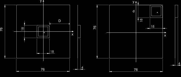 Figure 6 - Drawing of the patch on a 76X76 mm ground plane, with the relevant dimensions (mm). Distance from the edge of the ground plane (a) D = 29 mm, (b) D = mm.