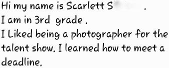 Scarlett S. Sabina E. Hi! My name is Sabina E. and I am in 3 rd grade.