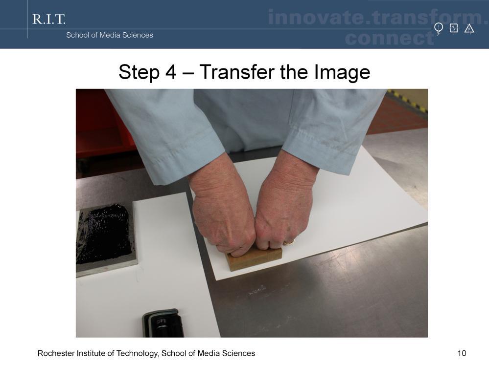 Transferring the image to the paper occurs through a process called ink splitting. Pressure is applied to bring the ink into intimate contact with the paper.