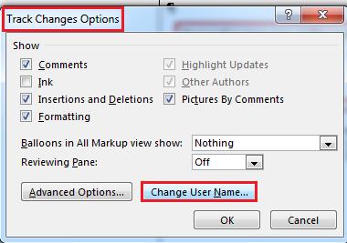 To change the user name: Word 2010 options Under the Review tab: Click on the small arrow beside Track Changes which opens the Track