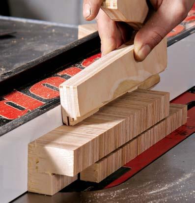 I produce the tenons by gluing up a long blank of plywood blocks and then slicing it up like a loaf of bread, which