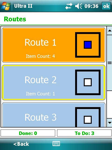 Below are examples of a route which has had its measurements partially and wholly completed. The blue square against Route 1 