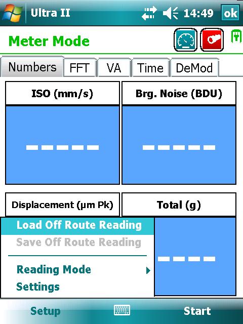 1.2.1 Setup Choosing the Setup option, in the bottom left corner of the screen displays a four-option menu (Fig 1.2.1). The first two, Load and Save Off Route Readings, are dealt with in section 1.2.2 Off Route Readings.