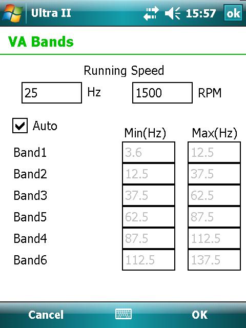 1.2.1.2.2 VA Bands The VA Bands setup screen allows the specification, in the user s preferred choice of units, of the motor running speed for which measurements are taken.