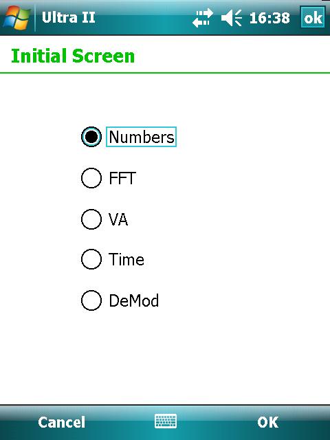 1.2.1.2.4 Initial Screen This screen simply gives the user the choice of which tab selection on the Meter Mode screen should initially be displayed next time that Ultra II TM is put into meter mode