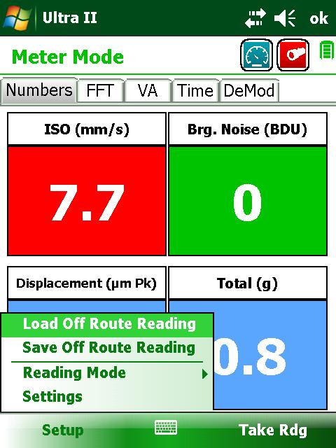 1.2.4). Figure 1.2.1.2.4 1.2.2 Off Route Readings When a single reading has been completed in meter mode, the user can, by selecting the Setup option in the bottom left hand corner of the Numbers