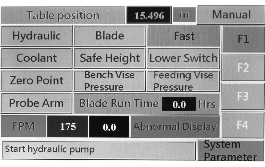 Interface Control Screen - Main (Home) Menu - F1 3 10 9 1 2 8 Touch F1 button to display the screen shown above. 1. Feeding vise move position The numeric column shows shuttle vise moving position.