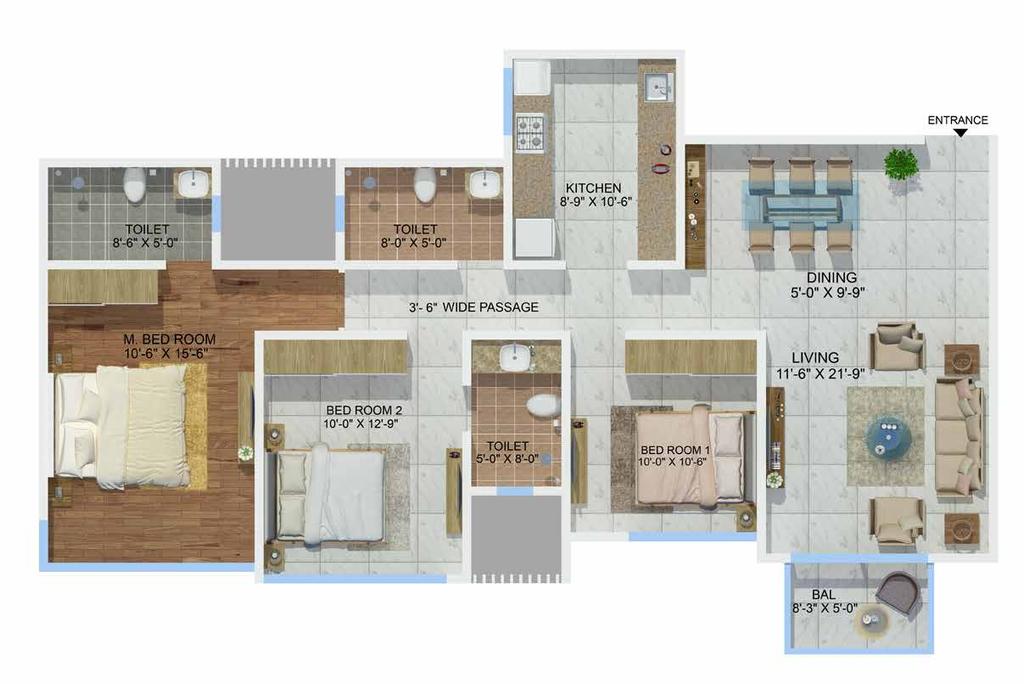 ROSA Type Carpet Area 3 BHK LARGE 1046 Sq. Ft. N UNIT PLAN Disclaimer: Floor plan is for marketing purpose and is to be used as a guide only.