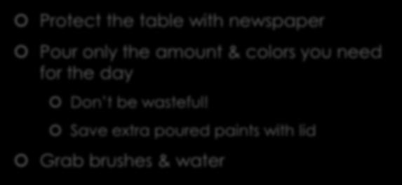 Paint Set Up & Clean Up Set Up Protect the table with newspaper