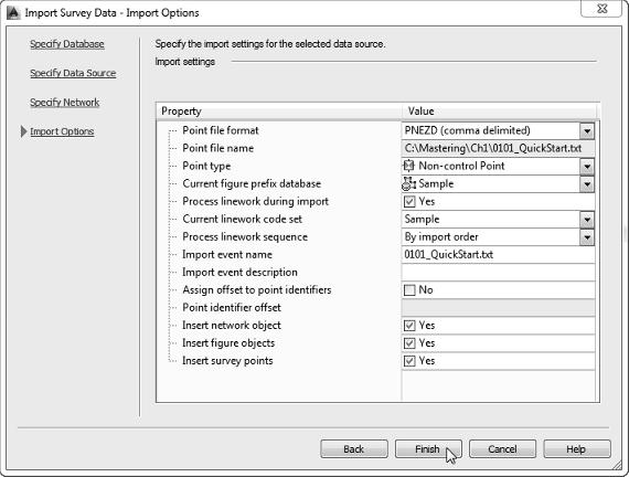 14 CHAPTER 1 THE BASICS Continued 10. In the Import Survey Data Import Options dialog, follow these steps: a. Place a check mark across from Process Linework During Import. b.