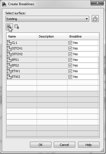 In the Create Breaklines dialog, note that you are adding breaklines to the surface you created earlier.